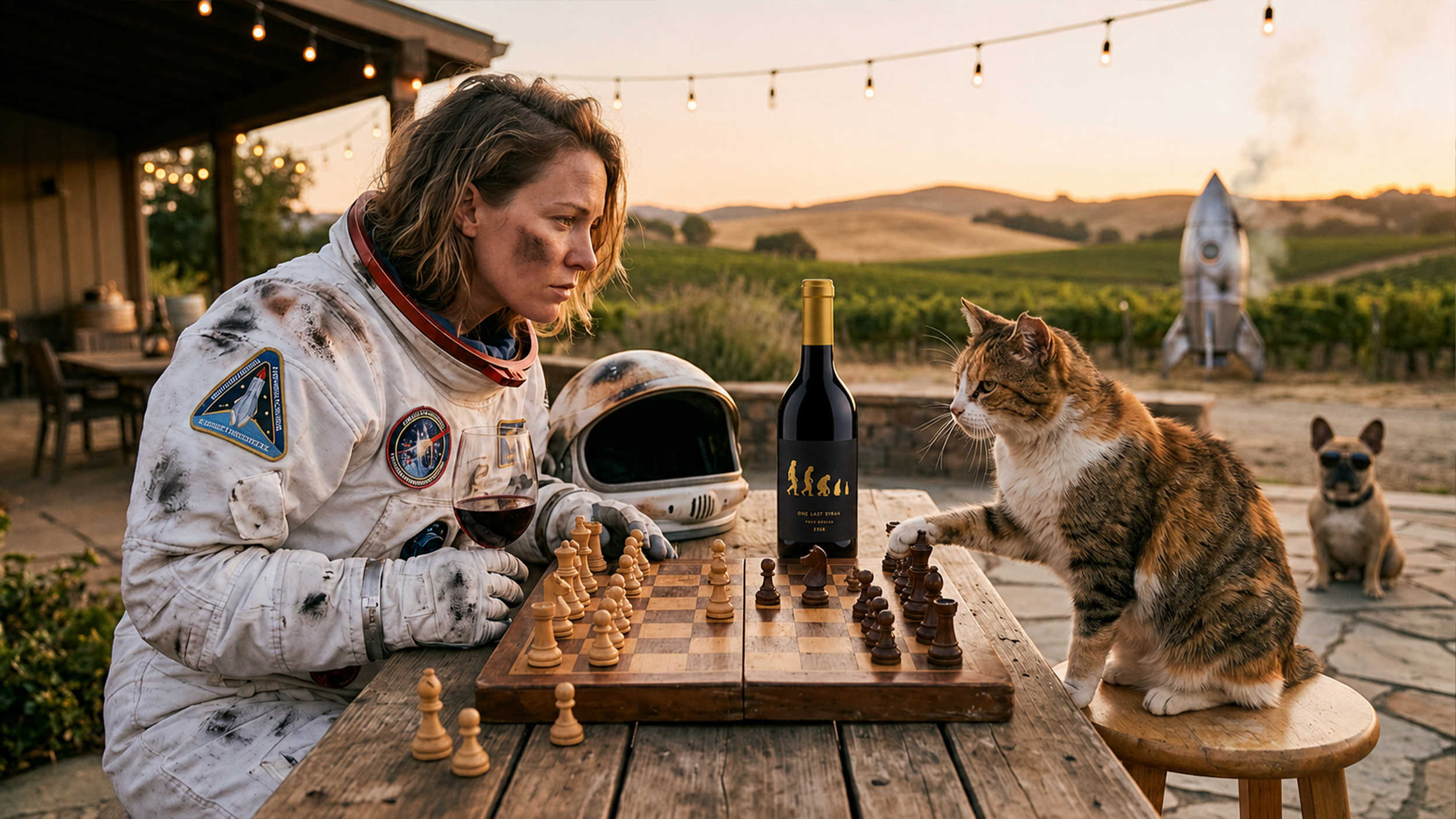 A female astronaut in a dirty spacesuit holds a glass of McClean One Last Syrah while leaning over a wooden chess board, locked in intense concentration against a barn cat who has one paw on a chess piece. A real McClean One Last Syrah bottle sits between them. A French bulldog watches from the background. A silver rocket stands in the Paso Robles vineyard behind them, bistro lights strung overhead, golden-hour hills glowing in the distance.